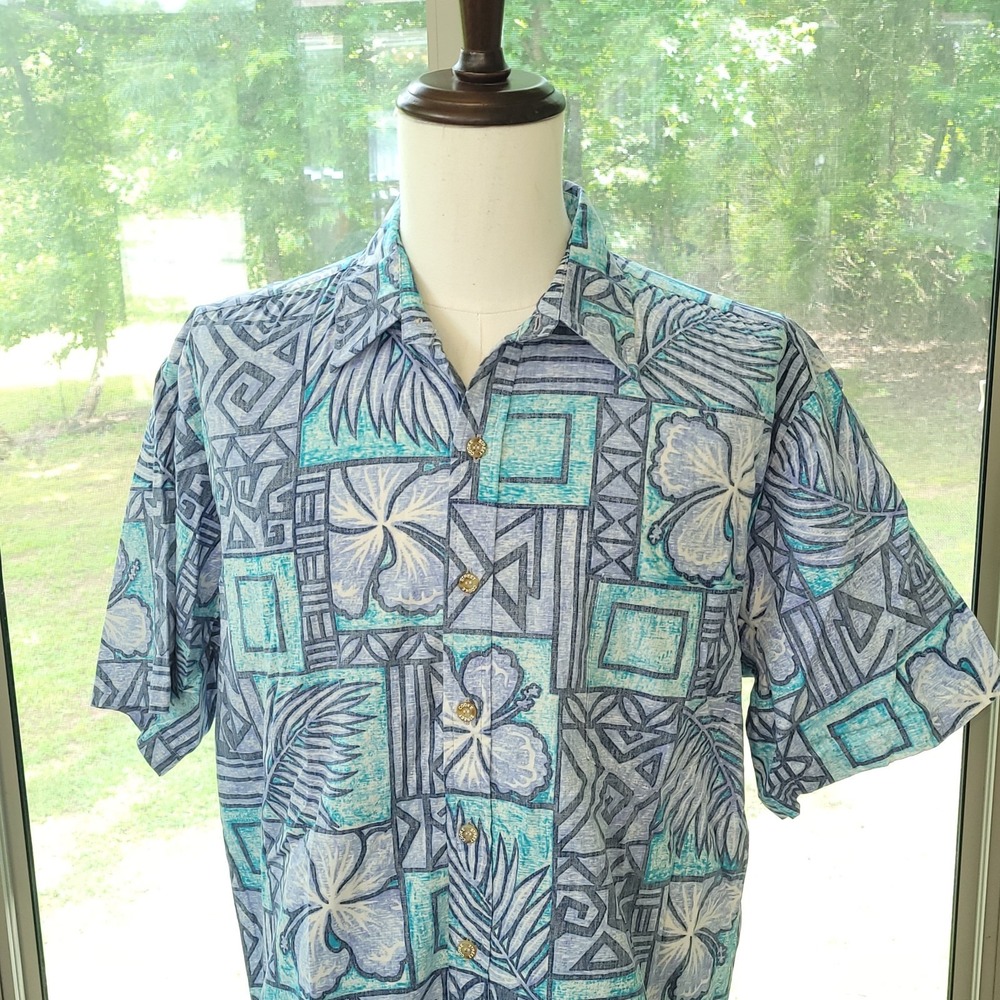 COOKE STREET XL Hawaiian Shirt Made Hawaii Cotton Floral Print Vintage Blues